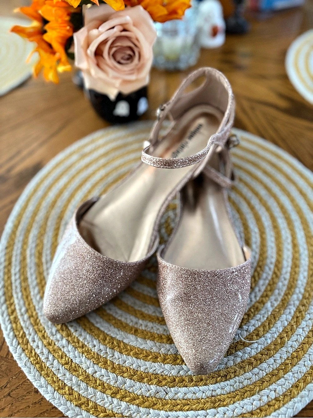 Unique Vintage Blush Glitter Ankle Strap Heels US 10